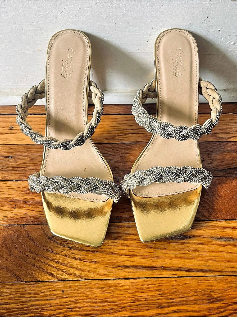 Charlotte Russe Gold Rhinestone Strap Heels